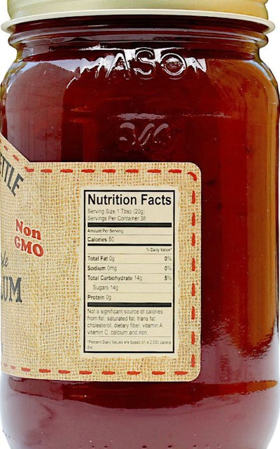 Nutrition Facts of Damson Plum Jam made by the Amish of the Dutch Kettle in NC.