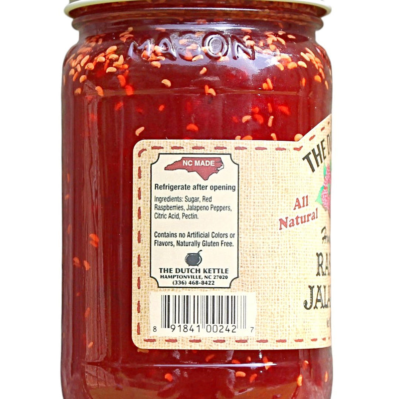 All-Natural ingredients in The Dutch Kettle Homemade Style Raspberry Jalapeno Jam. Order now from harvestarray.com.