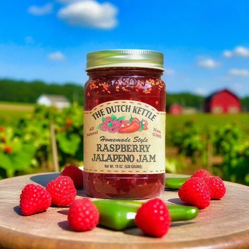 Shop Harvest Array for our newest flavor of jam from the Dutch Kettle-Raspberry Jalapeno Jam.