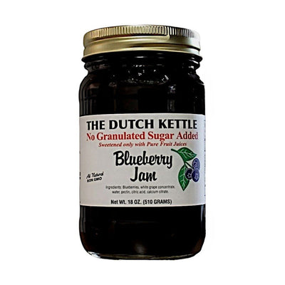 The Dutch Kettle No Granulated Sugar Added Blueberry Jam has only all natural ingredients. Amish Made only for Harvest Array.