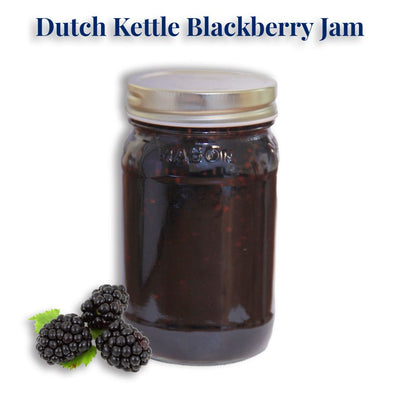 The Dutch Kettle Blackberry Jam Back of the Jar shows the seeds of smashed blackberries in the jam.