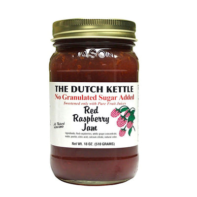 The Dutch Kettle' No Granulated Sugar Added Red Raspberry Jam in an 18oz jar is available for online purchase only at Harvest Array. 