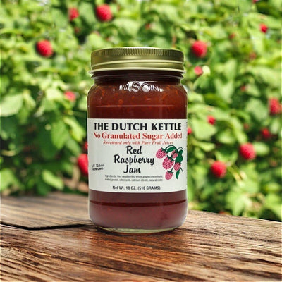 The Dutch Kettle' No Granulated Sugar Added Red Raspberry Jam is available for online purchase only at Harvest Array. 
