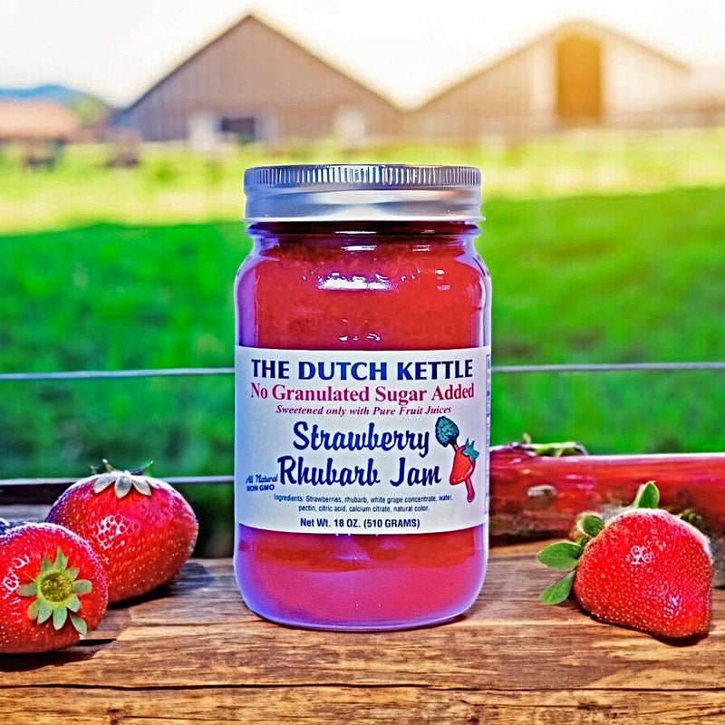 Dutch Kettle No Sugar Added Strawberry rhubarb Jam is tart and sweet but not to sweet! Order today from Harvest Array!