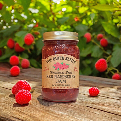 Juicy Red Raspberries are the main ingredient in The Dutch Kettle Homemade Style Red Raspberry Jam. Oder today at harvestarray.com.