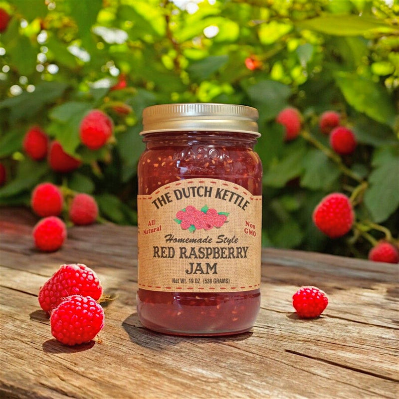 Juicy Red Raspberries are the main ingredient in The Dutch Kettle Homemade Style Red Raspberry Jam. Oder today at harvestarray.com.