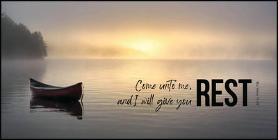 Matthew 11:28 on 12 x 6inch wooden plaque with foggy lake scene.
